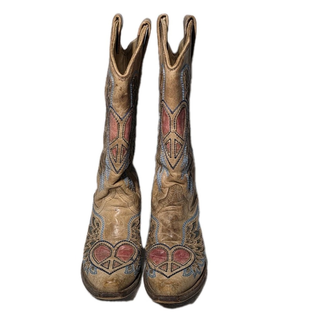Corral Vintage Sz 6.5 M Fancy Heart Wings Peace Snip Toe Cowboy Western Boots - Picture 2 of 8